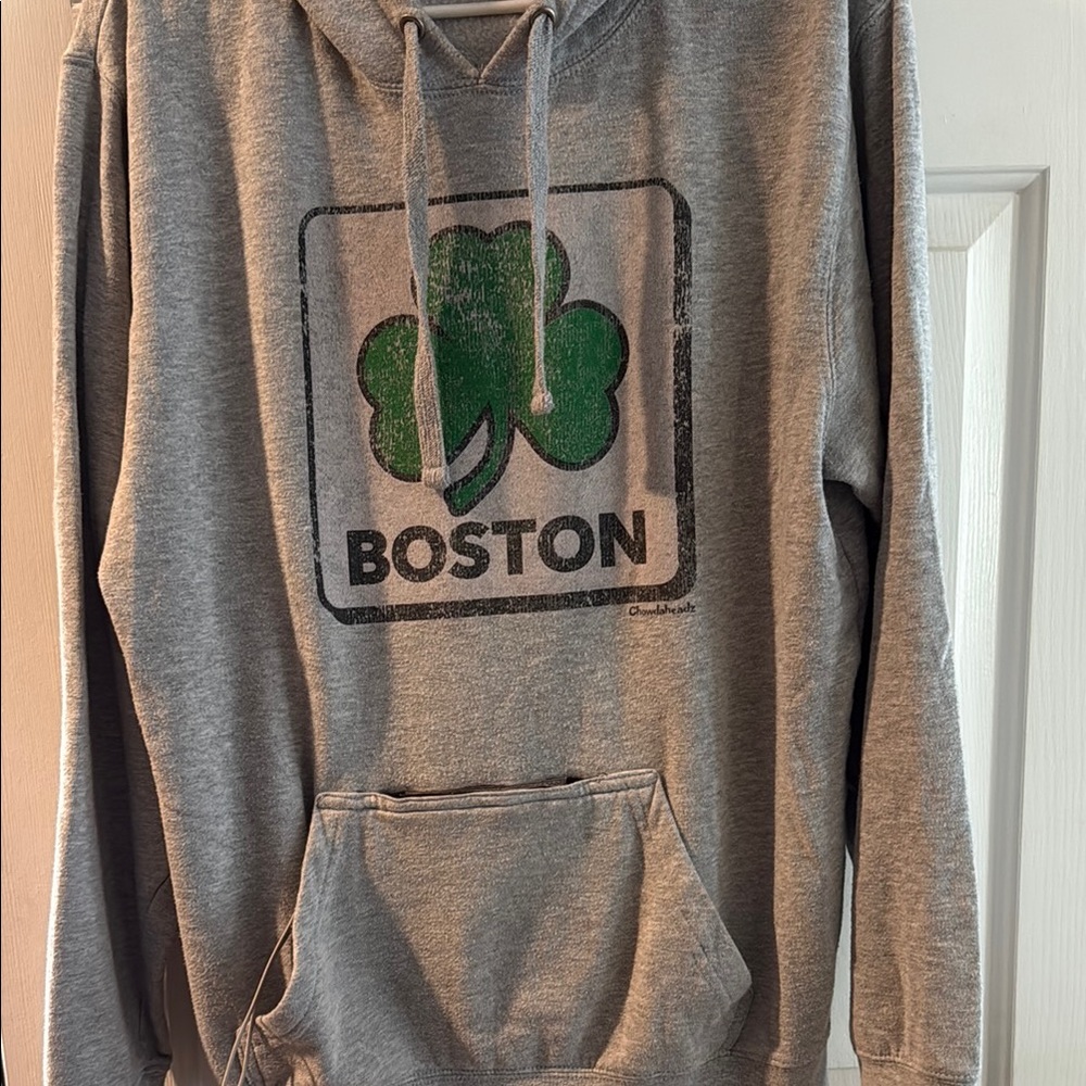 Gray Boston Hoodie with Green Clover